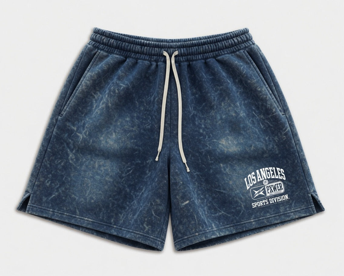 PXWER Los Angeles Sports Division Acid Wash Shorts - Navy