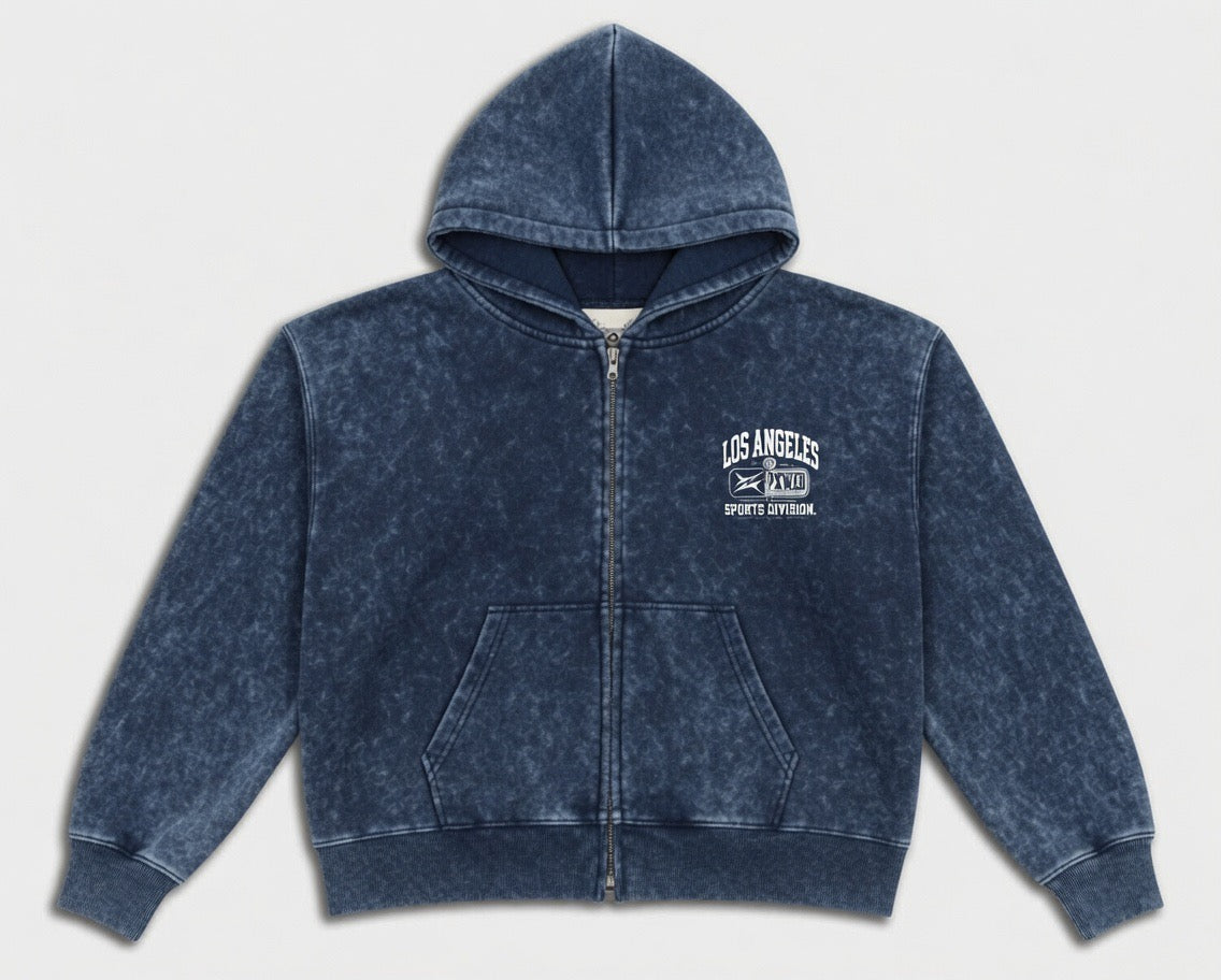 PXWER Zip-Up Acid Wash Hoodie - Navy
