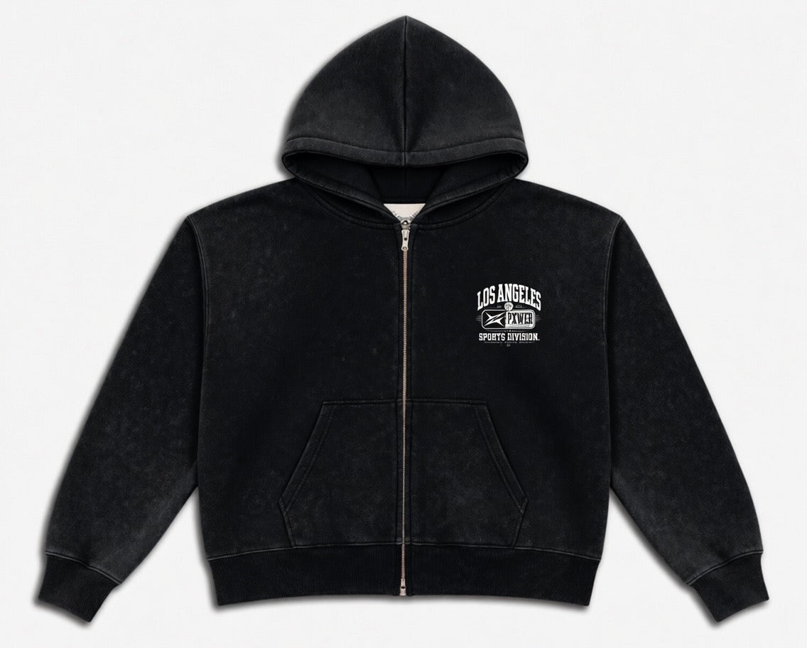 PXWER Los Angeles Sports Division Acid Wash Zip-Up Hoodie - Black