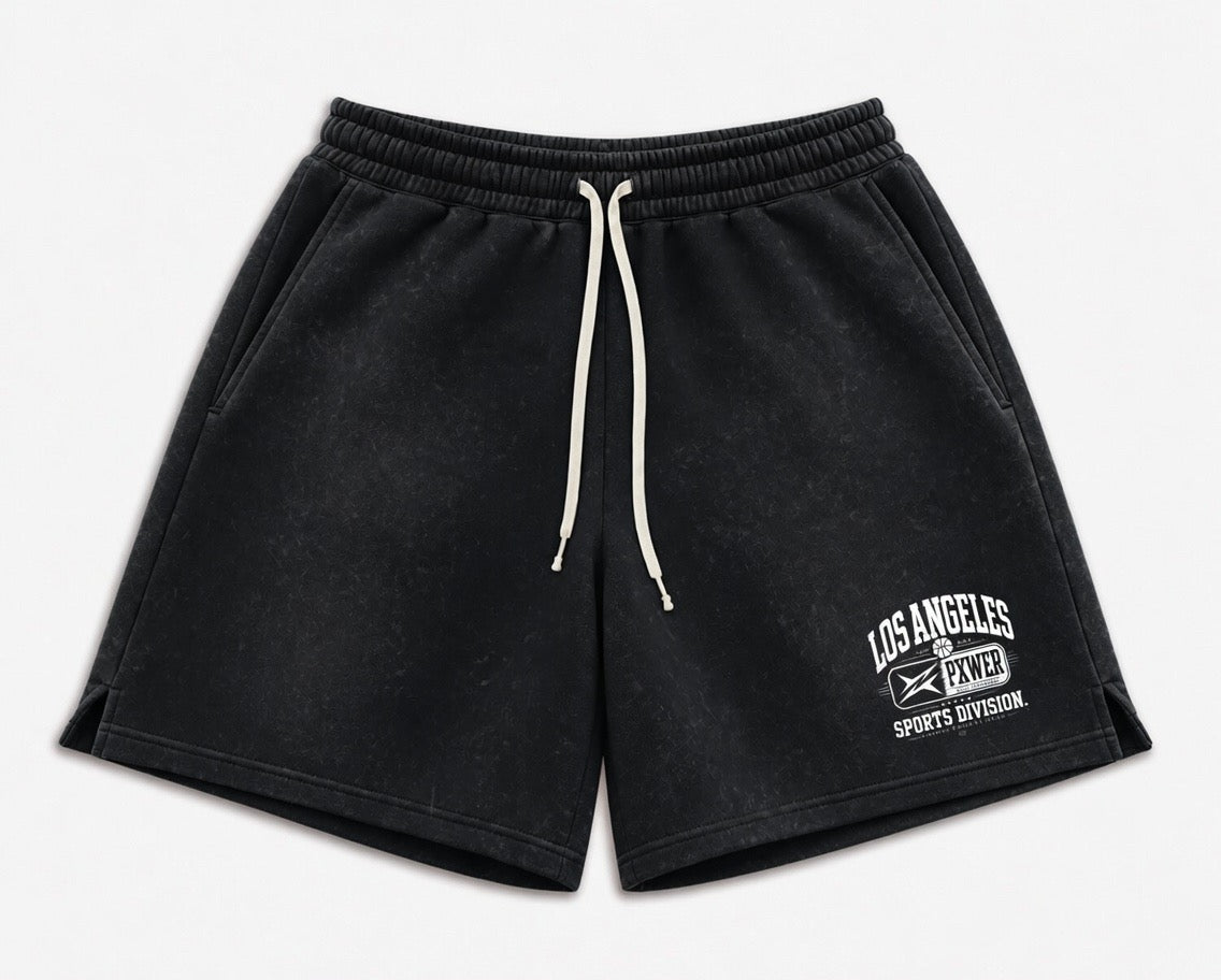 PXWER Los Angeles Sports Division Acid Wash Shorts - Black