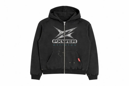 PXWER Athletes Distressed ZipUp Hoodie Vintage Wash Black