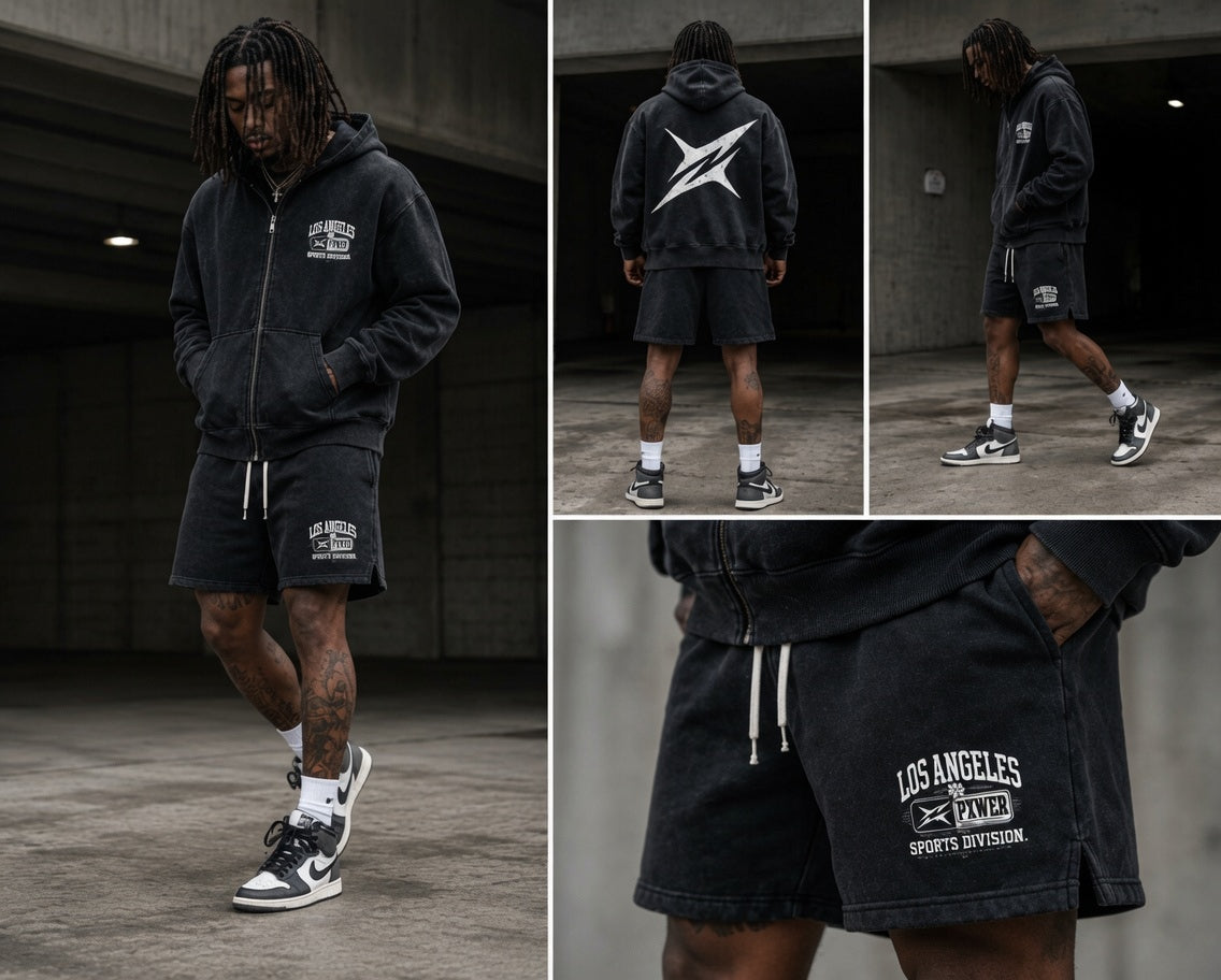 LOS ANGELES PXWER SPORTS DIVISION Acid Wash Zip-Up Hoodie & Shorts Set
