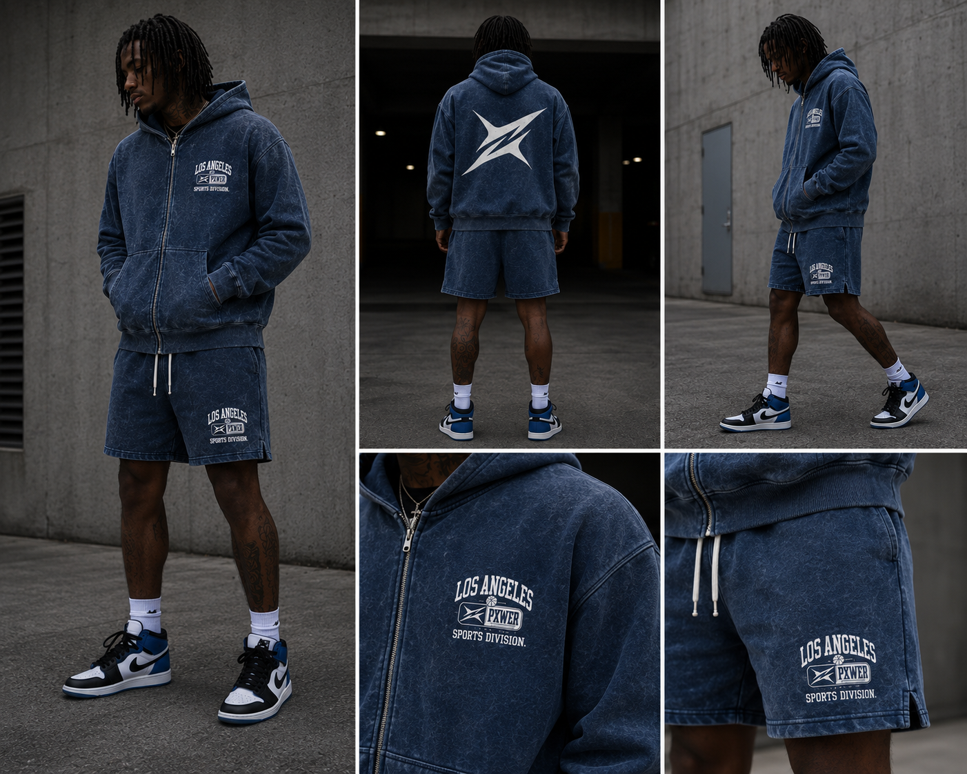 LOS ANGELES PXWER SPORTS DIVISION Acid Wash Zip-Up Hoodie & Shorts Set